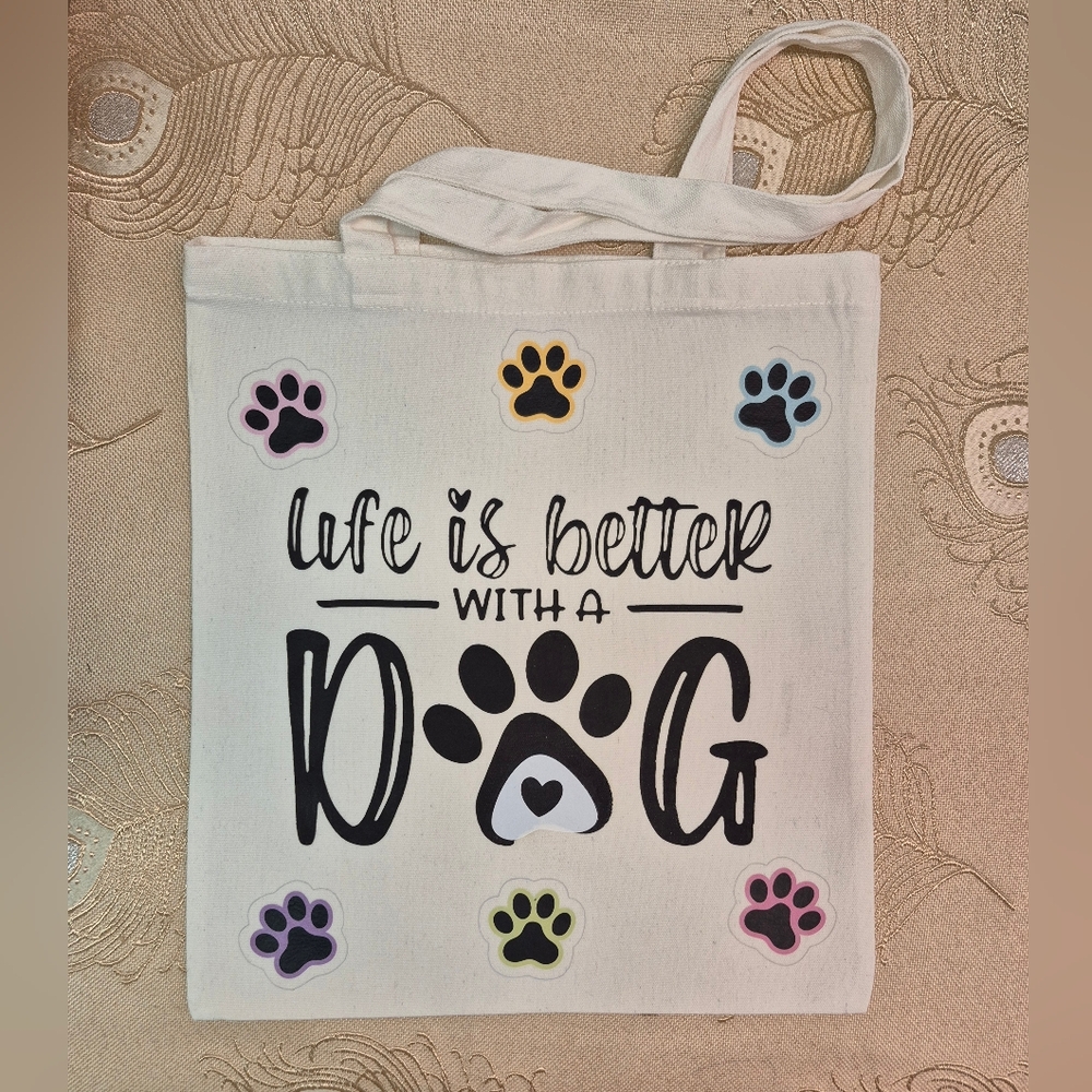 🎁🆓️ w Purchase White colorful paw prints Dog lover  fun Tote Bag